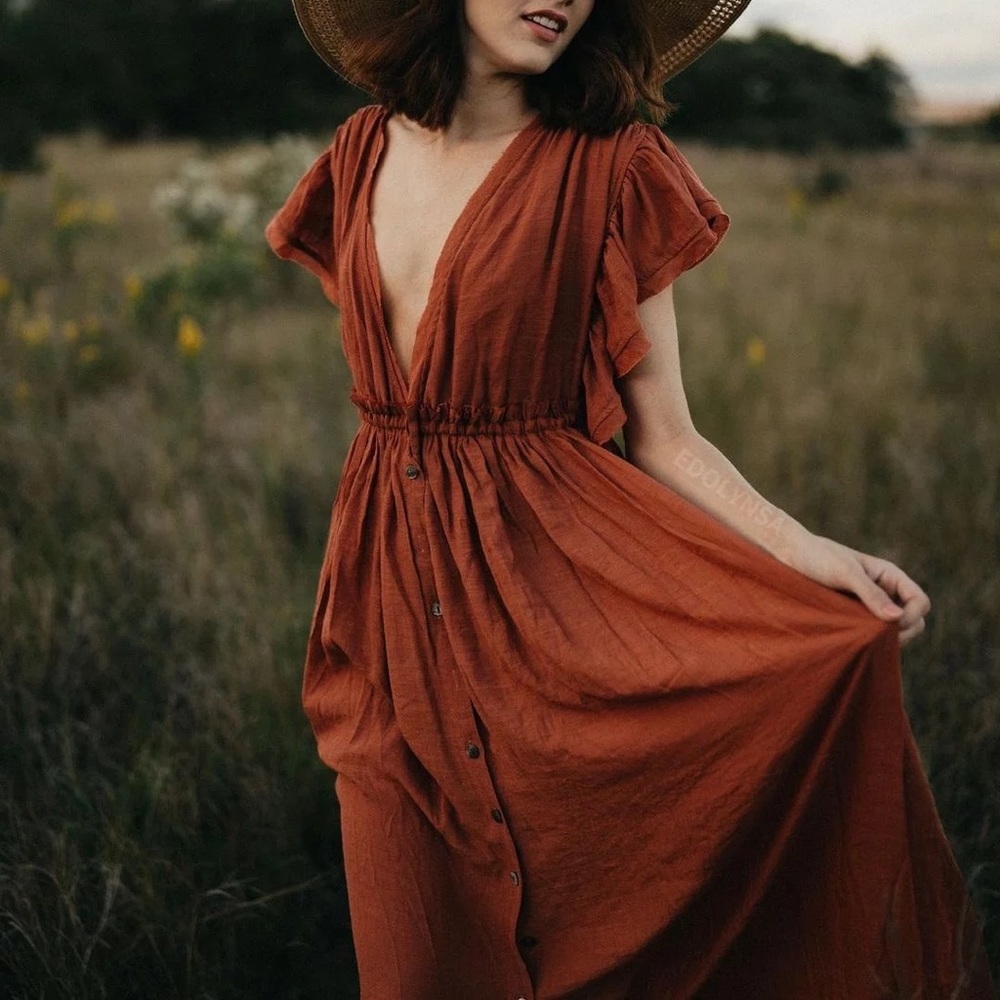 Red Boho Gauze Boho Button Flutter Maxi Dress - Picture 11 of 15